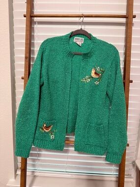 Vintage Country Chic Green Bird Embroidered Cardigan Sweater